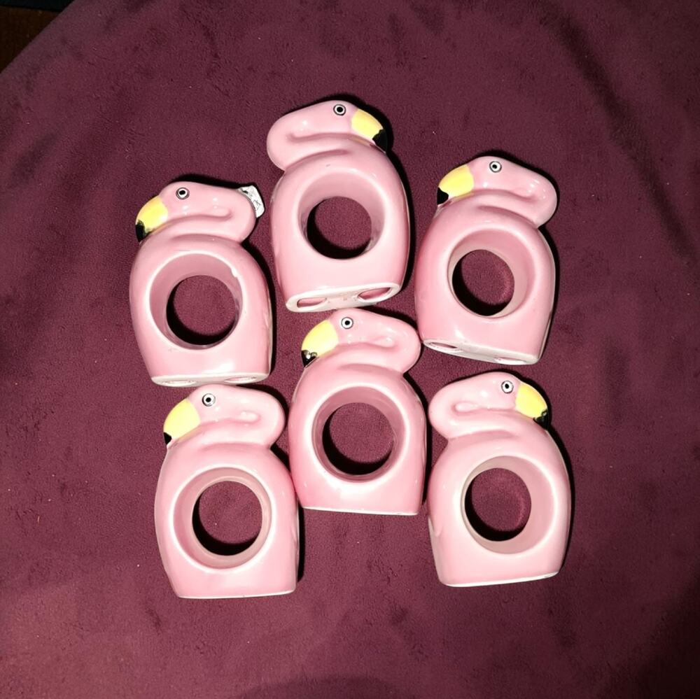 Ceramic Flamingo Napkin Rings Set Of 6